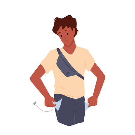 Unemployed poor young man with no money vector illustration. Cartoon sad male character standing, person with work problem showing empty pockets of pants isolated on white. Poverty, crisis conceptのイラスト素材