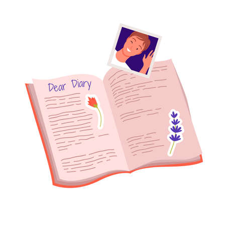 Open paper notebook with notes and Dear Diary phrase, top view vector illustration. Cartoon pink girly notepad, dry flowers on pages and photo of boy isolated on white. Diary, scrapbook conceptのイラスト素材