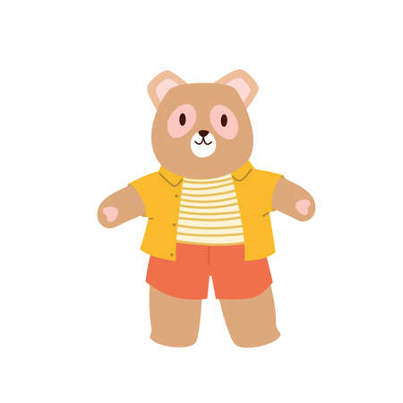 Cute teddy bear children soft toy. Stuffed plush animal for child, childhood plaything, having fun with cuddly bear, cotton friend for kids, handmade gift vector illustrationのイラスト素材