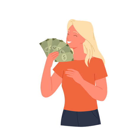 Happy excited girl holding dollars bills. Satisfied lady showing money, successful rich woman with cash, businesswoman personal budget, salary payment day vector illustrationのイラスト素材