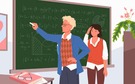 Mathematician male writing on blackboard. School math teacher lesson, learning formulas, mathematics education, tutor and pupil, solving and explaining algebra vector illustrationのイラスト素材
