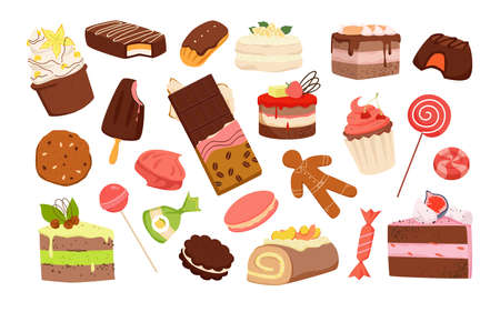 Set of different delicious pastry sweets. Confectionery products, cakes and cookies, ice cream and chocolate bar, piece of creamy cake, yummy desserts vector illustrationのイラスト素材