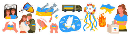 Support, assistance and help for Ukraine set vector illustration. Cartoon hands holding Ukrainian flag with slogan peace, showing heart gesture, traditional wreath in national colors of Ukraineのイラスト素材