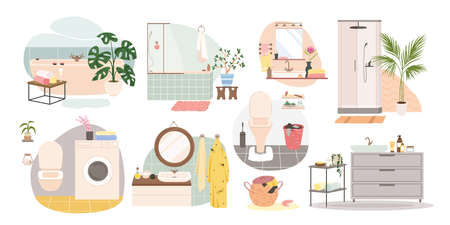 Bathroom, WC accessories and furniture set vector illustration. Cartoon collection with washing machine, washbasin and shower, bathtub and mirror isolated on white. Home interior, hygiene conceptのイラスト素材