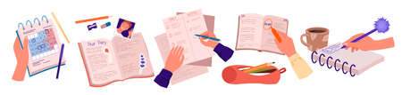 Wide set of hands writing in personal notebook. Recording thoughts in diary journal, daily plans and tasks, organizing personal time, write feelings and reflections, keep secrets vector illustrationのイラスト素材