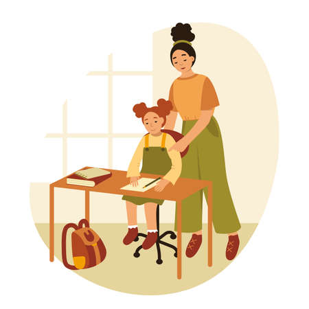Mom teaching kid at home vector illustration. Cartoon child student sitting at table and studying with book, mother standing next to help daughter with homework, communication parents and childrenのイラスト素材
