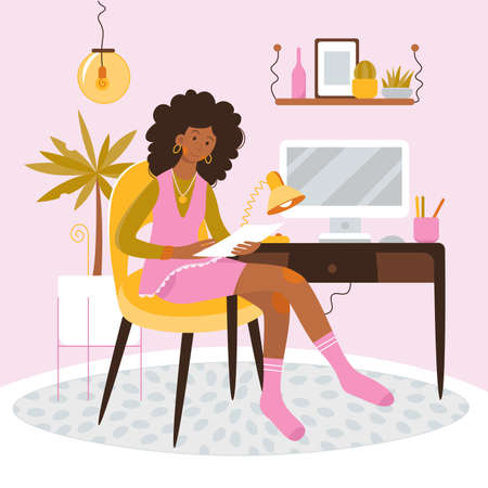 Girl working at home office vector illustration. Cartoon young woman sitting at table with computer, plants and lamp in home interior, professional female freelancer holding paper sheet backgroundのイラスト素材