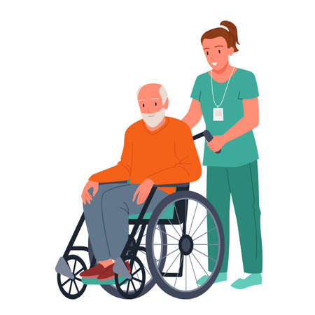 Nurse carrying wheelchair with sitting old patient vector illustration. Cartoon isolated young female caregiver character of hospital, sanatorium or nursing home taking care of happy senior manのイラスト素材