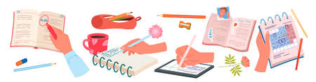Human hands writing in open diary and notepad, work with notes set vector illustration. Cartoon people holding pen, pencil to write on paper sheet, working with graphic tablet isolated on whiteのイラスト素材
