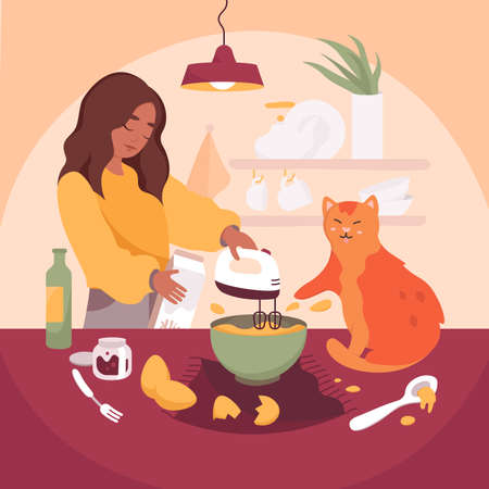 Girl cooking with cat in kitchen. Family dinner time, mixing eggs, using home appliances, spending time together, petting kitty, animal lover, little family member vector illustrationのイラスト素材