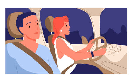 Couple with in safety belts sitting inside car on seats, side view vector illustration. Cartoon happy woman holding steering wheel and driving automobile, cheerful man looking at window backgroundのイラスト素材