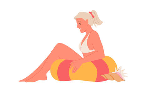 Girl on the beach with swim ring. Inflatable rubber mattress, wearing bikini swimwear, relaxing summer vacation vector illustrationのイラスト素材