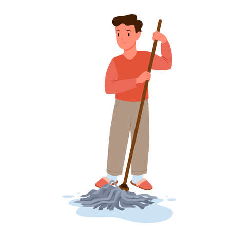 Kid cleaning floor of room with mop to help mother with housework routine vector illustration. Cartoon isolated cute school boy housekeeping, child holding mop to clean house with water and ragのイラスト素材