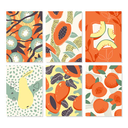 Different colorful fruits posters. Summer healthy vitamins food, tropical natural fruit, fresh pear...