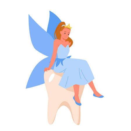Tooth fairy sitting on kids molar vector illustration. Cartoon isolated cute godmother with crown, blue butterfly wings and dress, funny cheerful fantasy character visiting baby losing first teethのイラスト素材