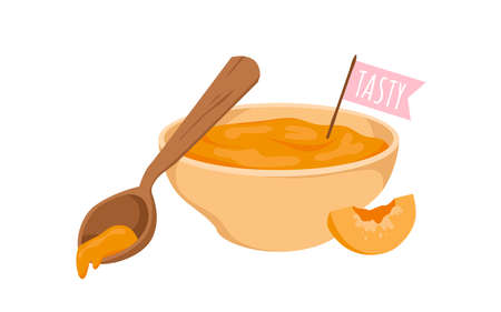 Apricot jam vector illustration. Cartoon isolated glass bowl with sweet golden marmalade from summer fruit and wooden spoon, delicious breakfast jelly food, peach vitamin dessert with tasty flagのイラスト素材