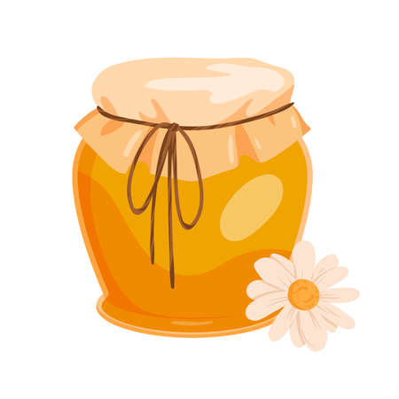 Jar of honey with flower. Bee natural organic product, honey pot, sweet dessert vector illustrationのイラスト素材