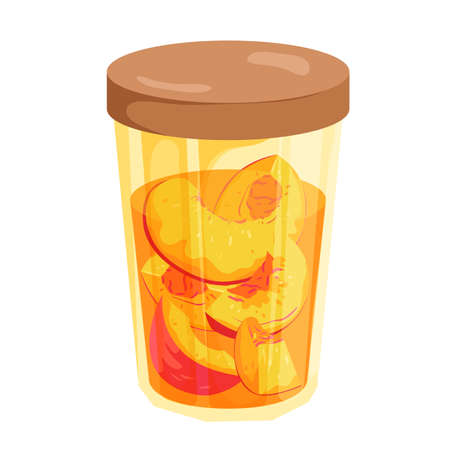 Peach jam vector illustration. Cartoon isolated glass round jar with lid and marinated pieces of peach fruit in sugar syrup, homemade orange sweet confiture for breakfast, canned dessert snackのイラスト素材