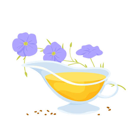 Linseed oil vector illustration. Cartoon isolated glass bowl with kitchen fat and food ingredient to cook salad from vegetarian menu, cup with gold virgin oil liquid, seeds and linen flowers on stemのイラスト素材