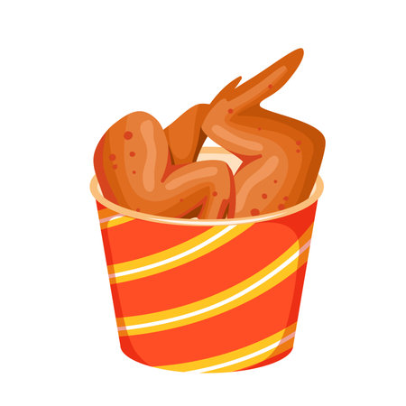 Chicken deep fried crunchy wings in paper bucket vector illustration. Cartoon isolated hot crispy food snack, delicious meat of poultry cooked for takeaway menu of fastfood cafe or restaurantのイラスト素材