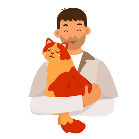 Man holding cat vector illustration. Cartoon isolated adorable sweet scene with two friends hug and cuddle, pet owner character carrying happy animal in arms, guy playing with pretty funny kittyのイラスト素材