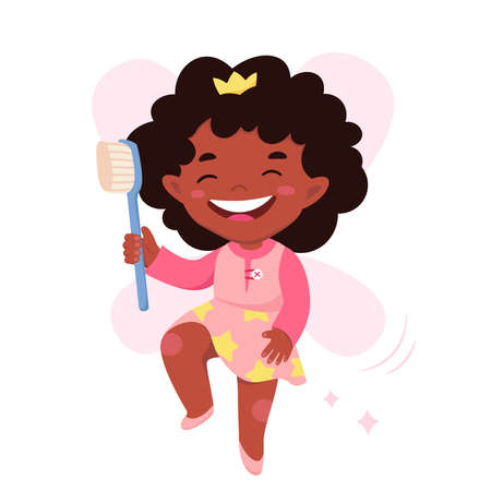 Happy tooth fairy vector illustration. Cartoon isolated little girl elf with crown on head, star ornament on skirt and pink wings holding toothbrush to brush healthy childrens teeth, oral hygieneのイラスト素材