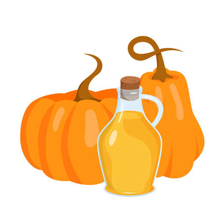 Pumpkin seed oil, food product from grocery store vector illustration. Cartoon isolated jug with handle and cork lid full of golden oil liquid for cooking in kitchen and orange organic vegetablesのイラスト素材