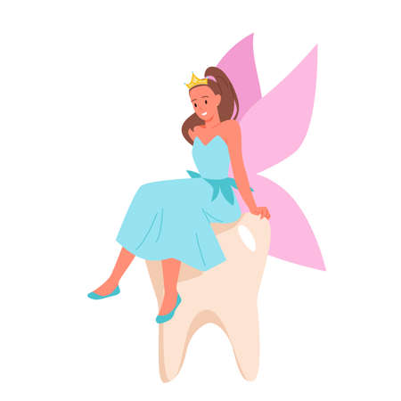 Smiling tooth fairy sitting on tooth. Collecting milk molar teeth, princess with wings and crown, flying night fairy, childhood myth, children tradition, teeth under pillow vector illustrationのイラスト素材