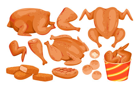 Cartoon isolated hot roasted fillet from breasts, tasty spicy drumsticks and wings in box, nuggets and grilled chicken cutlets for poultry menu collection. Fried chicken set vector illustrationのイラスト素材