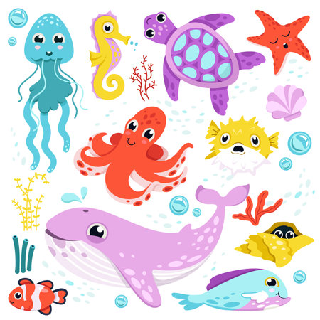 Cute fishes and underwater animals, nature of sea waters set vector illustration. Cartoon isolated funny aquatic characters, happy whale and octopus, swimming seahorse and tortoise, clownfish smilingのイラスト素材