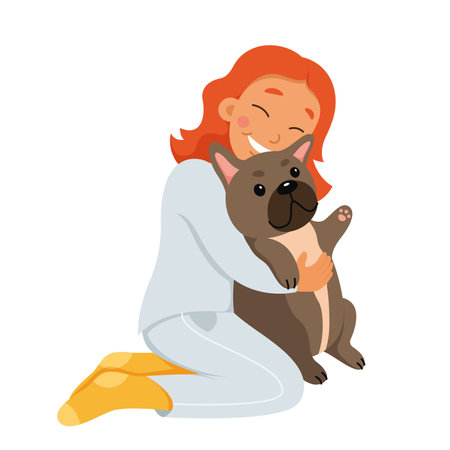 Happy girl hugging dog with love vector illustration. Cartoon isolated person holding pug in hands to hug and care, young pet owner character and best friend domestic animal sitting togetherのイラスト素材