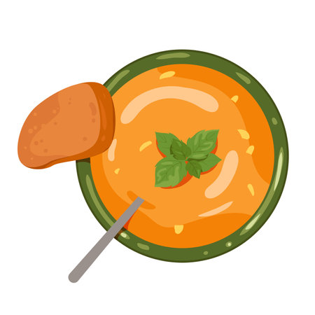 Pumpkin cream soup, autumn food vector illustration. Cartoon isolated bowl with meal and spoon, gourmet seasonal cooking recipe for Thanksgiving dinner, homemade delicious portion of traditional soupのイラスト素材