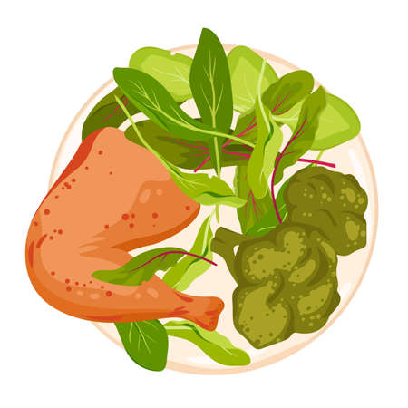 Fried chicken with vegetable salad, top view of meat restaurant meal vector illustration. Cartoon isolated plate with hot grilled chicken, cooked broccoli and lettuce leaf, delicious healthy bowlのイラスト素材