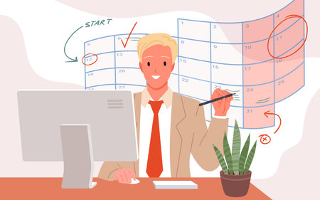 Cartoon employee character working with visual interactive interface of calendar to plan daily tasks and schedule marketing appointments background. Business development, planning vector illustrationのイラスト素材