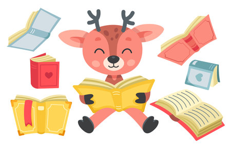 Cute deer reading vector illustration. Cartoon isolated baby forest animal character with funny face sitting with open paper storybook among flying books with covers in different colors from libraryのイラスト素材