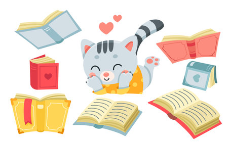 Cute cat reading book vector illustration. Cartoon isolated baby kitten lying near open storybook with hearts and happy kawaii face to read literature for education, study of smart animal characterのイラスト素材
