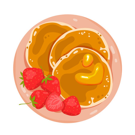 Sweet pancakes and strawberry for breakfast vector illustration. Cartoon isolated delicious snack and dessert, stack of circle pancakes with honey or maple syrup, fresh berry on plate, top viewのイラスト素材