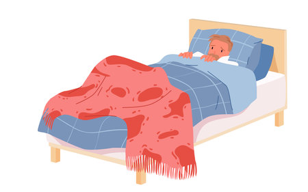 Sad sick young man lying on bed under blanket vector illustration. Cartoon isolated person suffering from cold low temperature at home, depressed sleepy guy covered with two plaids to keep warmのイラスト素材