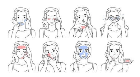 Facial beauty skin care, healthy routine of young woman, outline icons vector illustration. Hand drawn girls clean and moisture face with massage procedures, detox treatment, apply skincare creamのイラスト素材