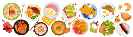 Cartoon isolated cereal breakfast with fruit in bowl, avocado and salmon morning toast, fried bacon and eggs, fish and meat with vegetables in pan top view. Tasty food set vector illustrationのイラスト素材