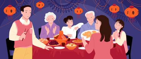 Chinese family dinner vector illustration. Cartoon happy parents, kids and grandparents gathering at lovely table with hotpot and dishes to eat food of Asian cuisine, celebration of relativesのイラスト素材
