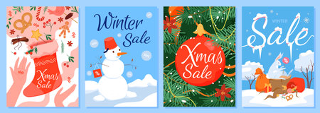 Cartoon cute bunny and snowman with percentage discount offer tag, burst of gifts from red stocking for social media story promotion. Winter sales card and banner templates set vector illustrationのイラスト素材