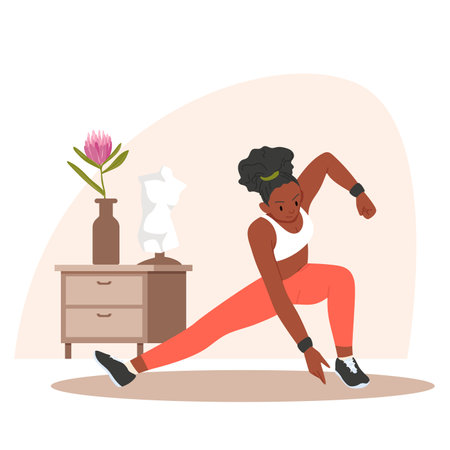 Sports exercise of active girl at home vector illustration. Cartoon fitness woman in sportswear doing tilt and squat workout, person in sportswear training muscles in aerobic exercises and activityのイラスト素材
