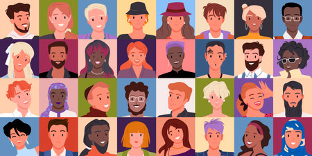 Cartoon portraits of multicultural diverse team of happy female and male adult characters with smiles on young faces, cute man and woman. Different people in square avatars vector illustrationのイラスト素材