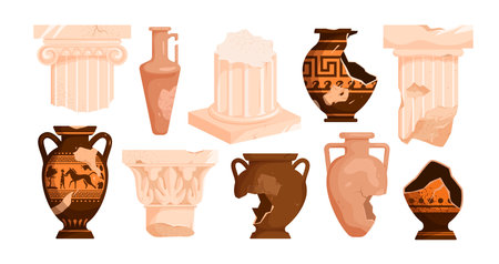 Ancient broken vases, Roman and Greek columns set vector illustration. Cartoon antique pillar, ceramic pot and pieces of ornate amphoras with art vintage pattern, pottery in museum exhibitionのイラスト素材
