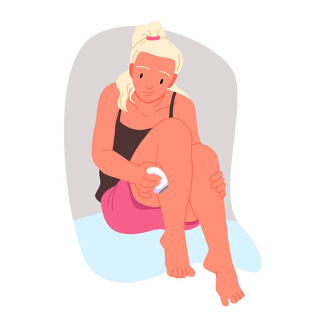 Woman shaving leg with depilatory razor machine vector illustration. Cartoon girl holding electric personal trimmer to shave and remove hair, care body skin with depilation shaver in bathroomのイラスト素材