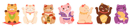 Japanese lucky cats set vector illustration. Cartoon isolated various poses collection of cute maneki neko characters, funny doll animal and symbol of money and wellbeing, luck and good fortuneのイラスト素材
