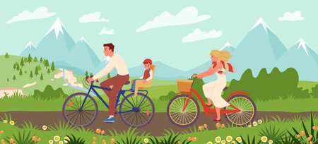 Happy family people ride bikes on path of spring mountain landscape vector illustration. Cartoon young mother, father and son in helmet travel on bicycles, healthy leisure and vacation of cyclistsのイラスト素材