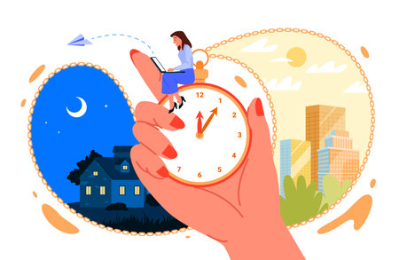 Circadian biological rhythms for work and leisure of person vector illustration. Cartoon human hand holding vintage clock with chain and woman sitting with laptop, night and day city scenes aroundのイラスト素材