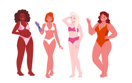 Body positive women set vector illustration. Cartoon isolated happy young bodypositive female characters in bikini with acceptance of plus size and slim figure, different skin and beauty typesのイラスト素材